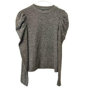 ZARA Soft Puff Long Sleeve Pearl Embellished Pullover Sweater Top Gray Large
